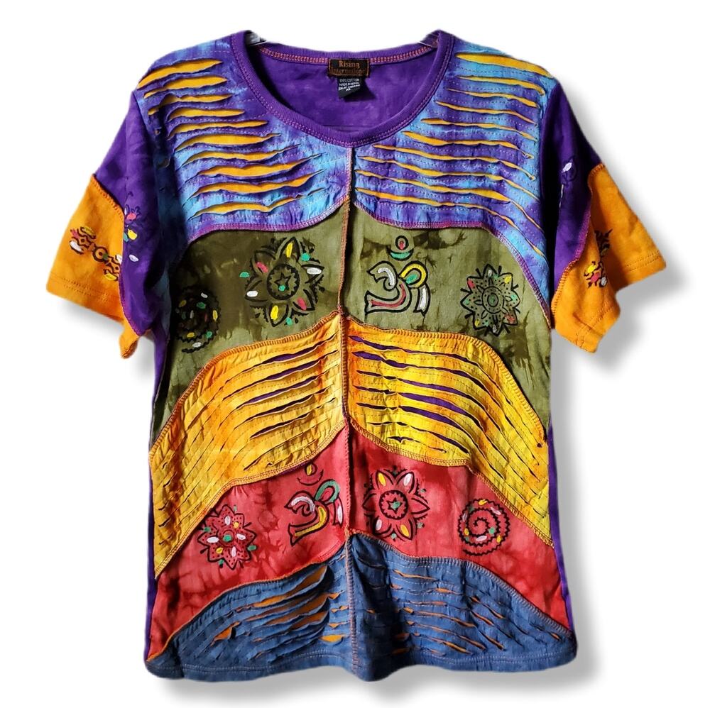 Women Rising International Nepal multicolor T Shirt Top XL Artsy Boho Hippie NEW